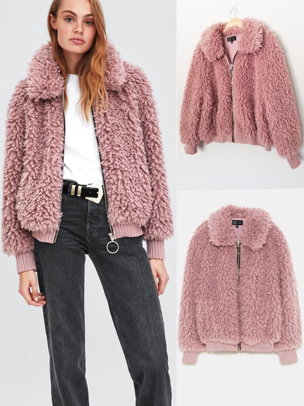 Zara TRF Pink Shaggy Faux Fur Teddy Bomber Jacket Size L Cozy Oversized Y2K Cute
